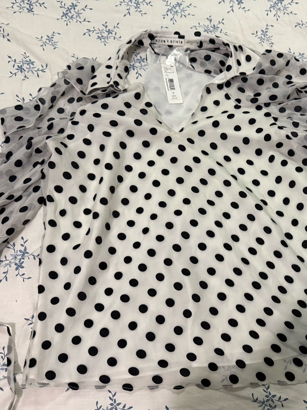 Alice + Olivia White Sheer Polka Dot V-Neck Blouse